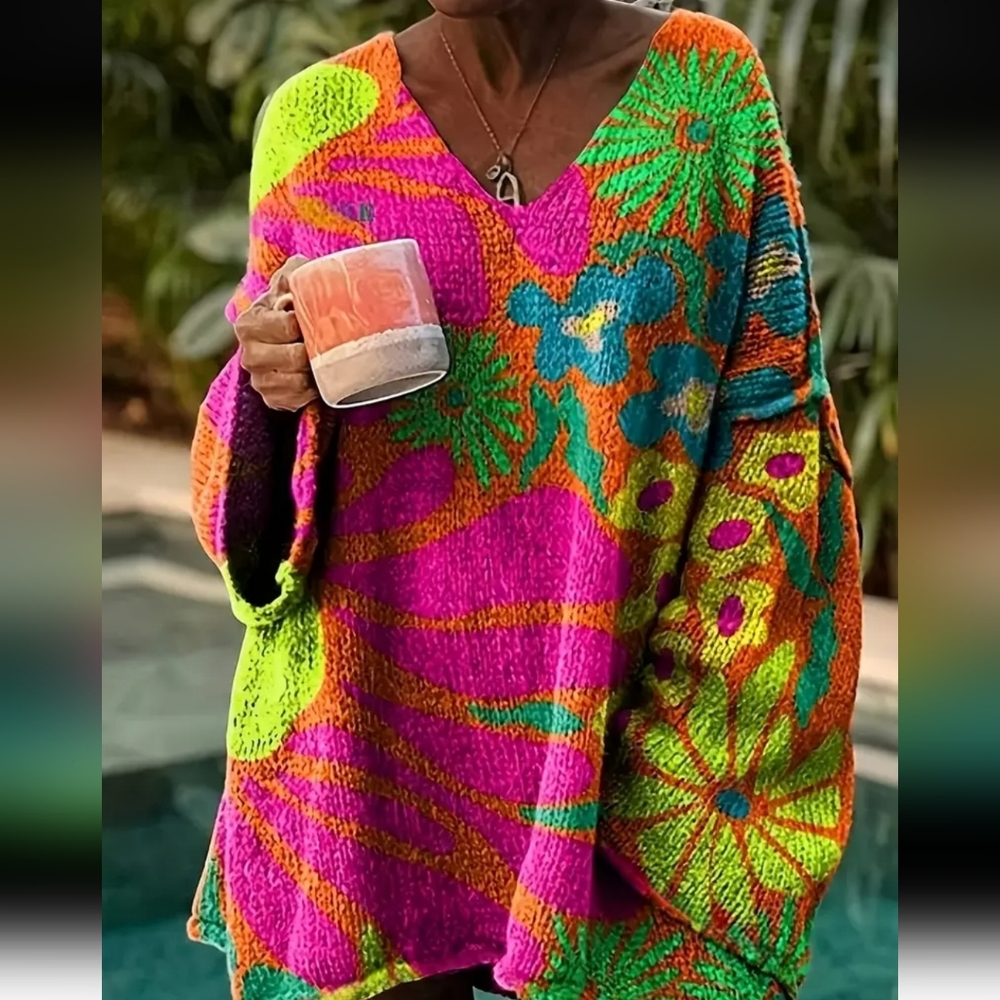 Spring/Summer New Arrival Colorful Floral 3D Print Mid-Length Pullover